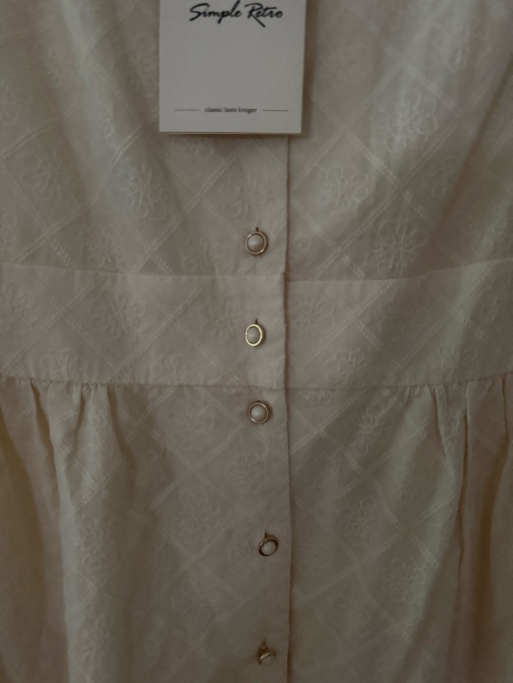 Simple Retro Women’s Cream Button-Front Midi Dress with Puff Sleeves - Picture 4 of 5